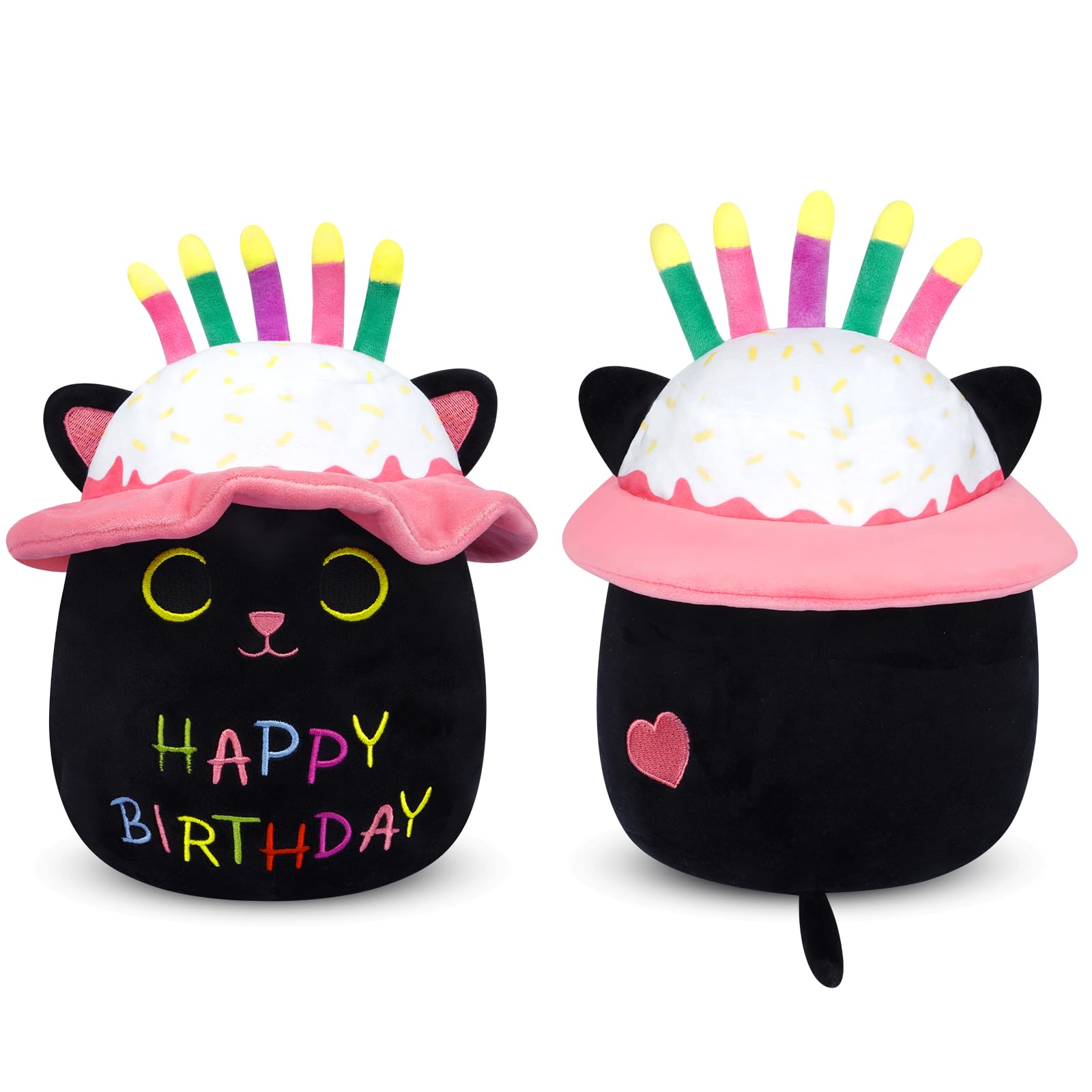 Kophinye Black Cat Plush, 8In Black Cat Stuffed Animal With Birthday Hats Candles, Cute Plush Toy Cartoon Kitten Pillow For Kids
